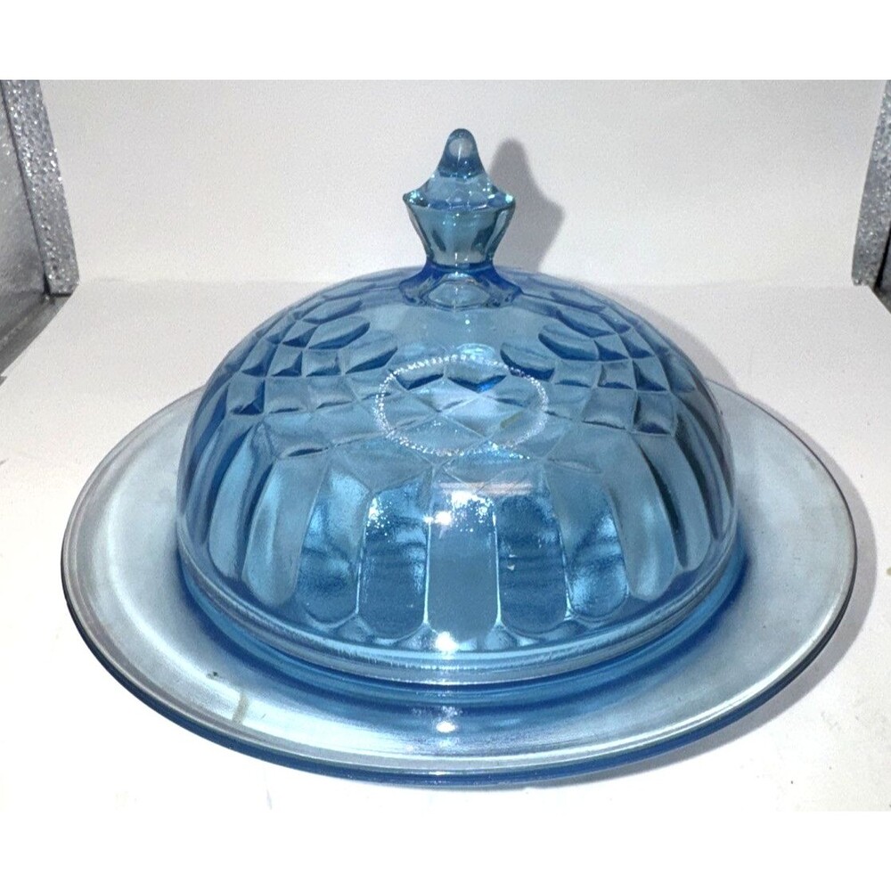 Aunt Polly Round Depression Glass Butter Candy Dish Vintage Blue U.S - Picture 3 of 7
